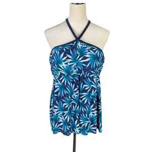 Coastal Blue Plus Tropical Botanical Print Open Back Tankini Swimsuit Top